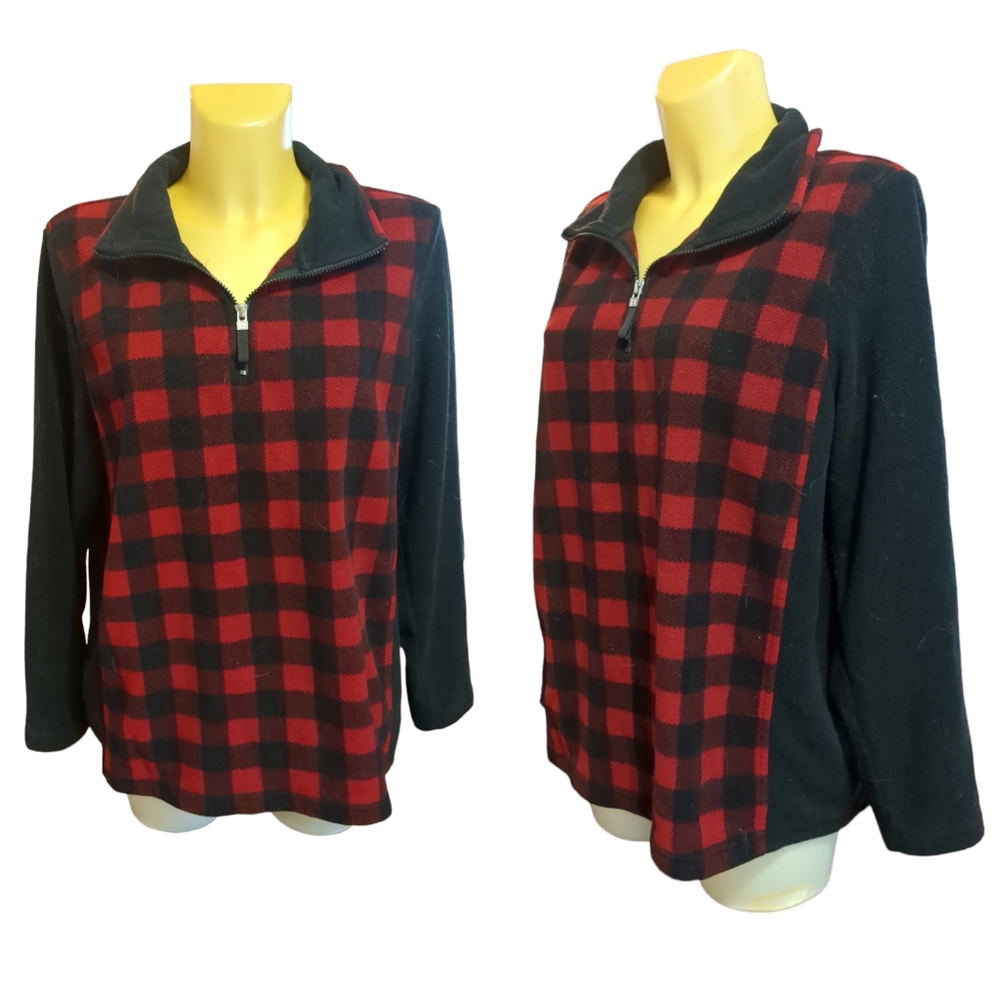 ❗$1 Bundled❗CHAPS Red and Black Fleece Buffalo Plaid Collar Quarter Zip Sweater